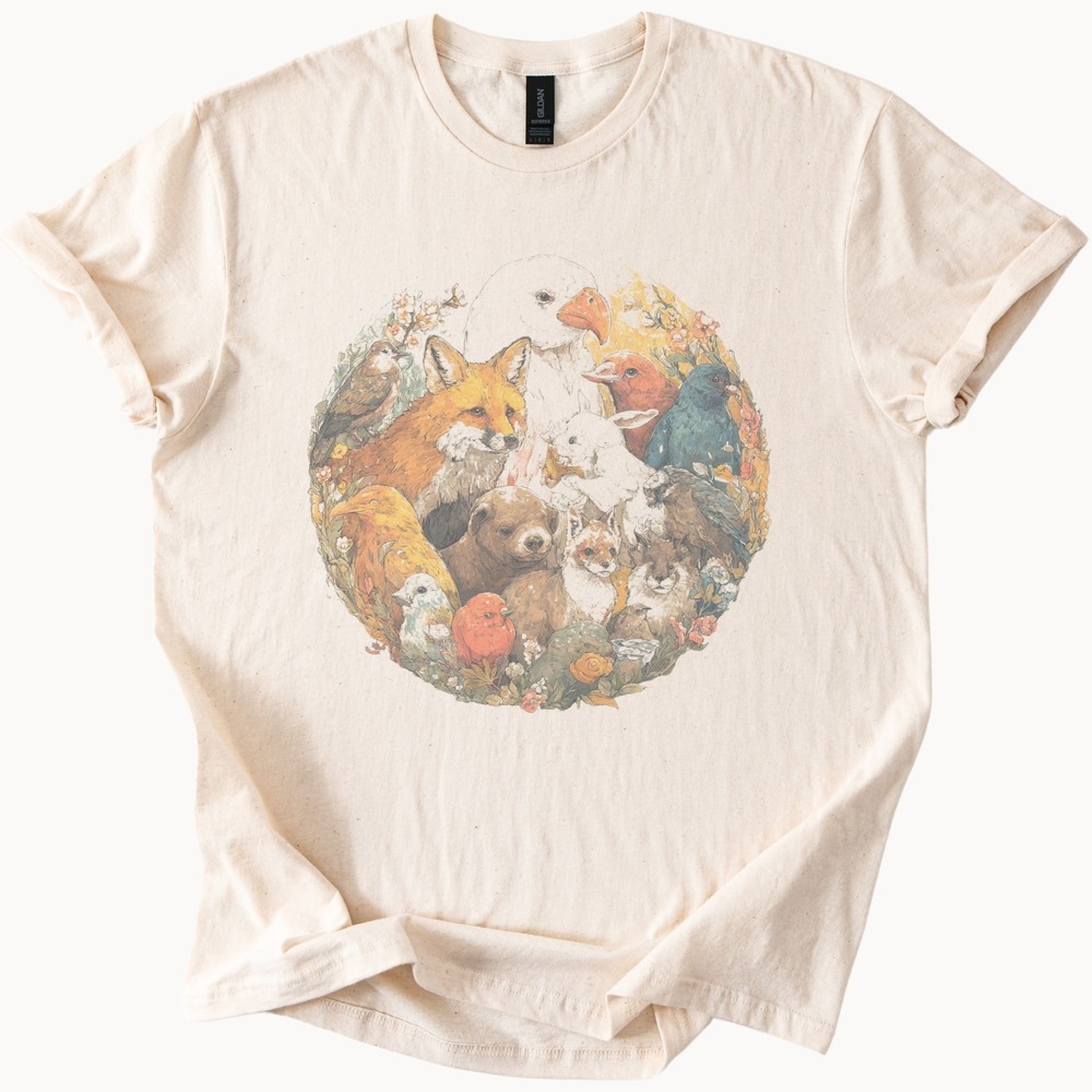 Boho Tee with Circular Animal & Flower Art